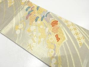 熨斗に笠松・牡丹・枝垂れ花模様織り出し　袋帯